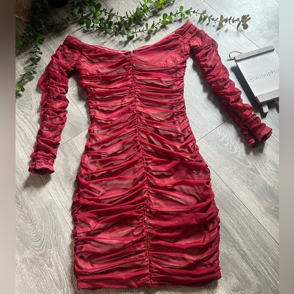 House of CB Fifi Wine Red Stretch Off the Shoulder Ruched Tulle Dress. Size XS - Picture 5 of 15